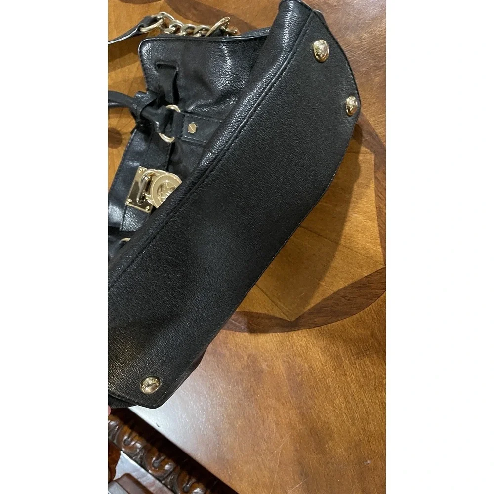 Michael Kors Hamilton Black Leather Satchel Tote‎ Chain Shoulder Bag Gold
